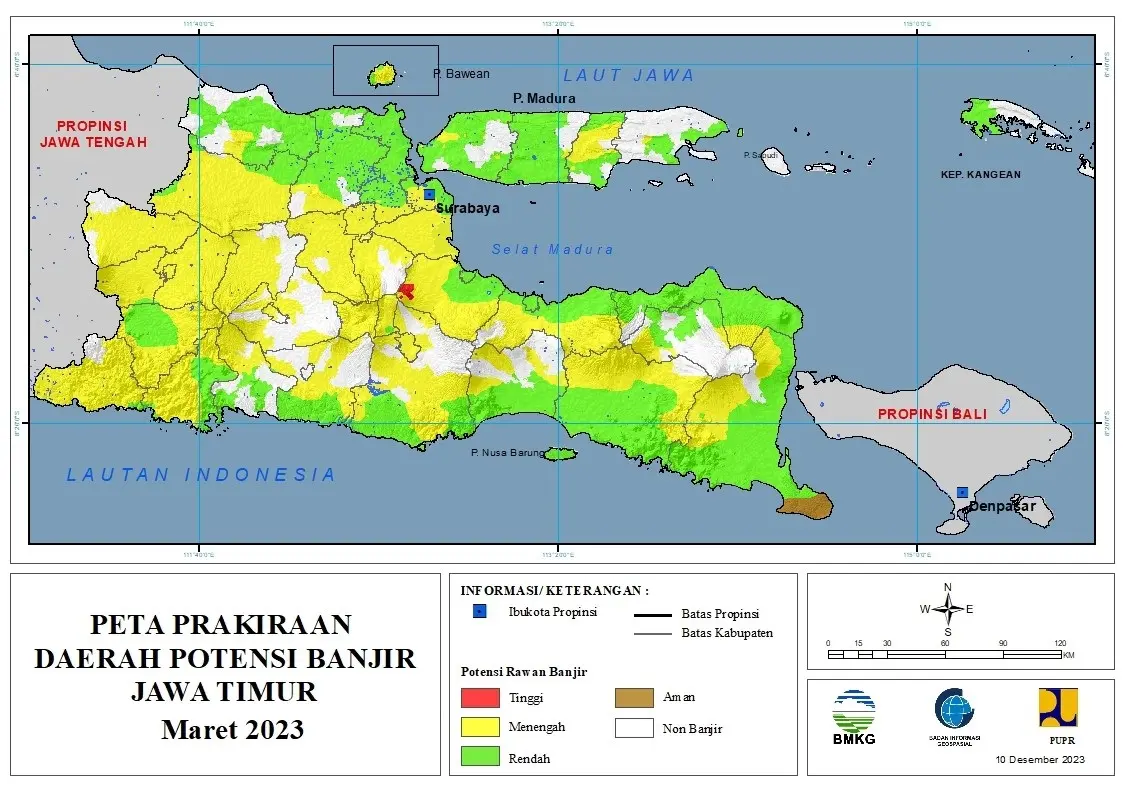 ( Prakiraan - Bulanan ) Daerah Potensi Banjir di Provinsi Jawa Timur untuk Bulan MARET Tahun 2024 Update 10 Desember 2023