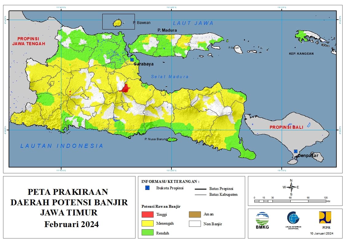 ( Prakiraan - Bulanan ) Daerah Potensi Banjir di Provinsi Jawa Timur untuk Bulan FEBRUARI Tahun 2024 Update 10 Januari 2024