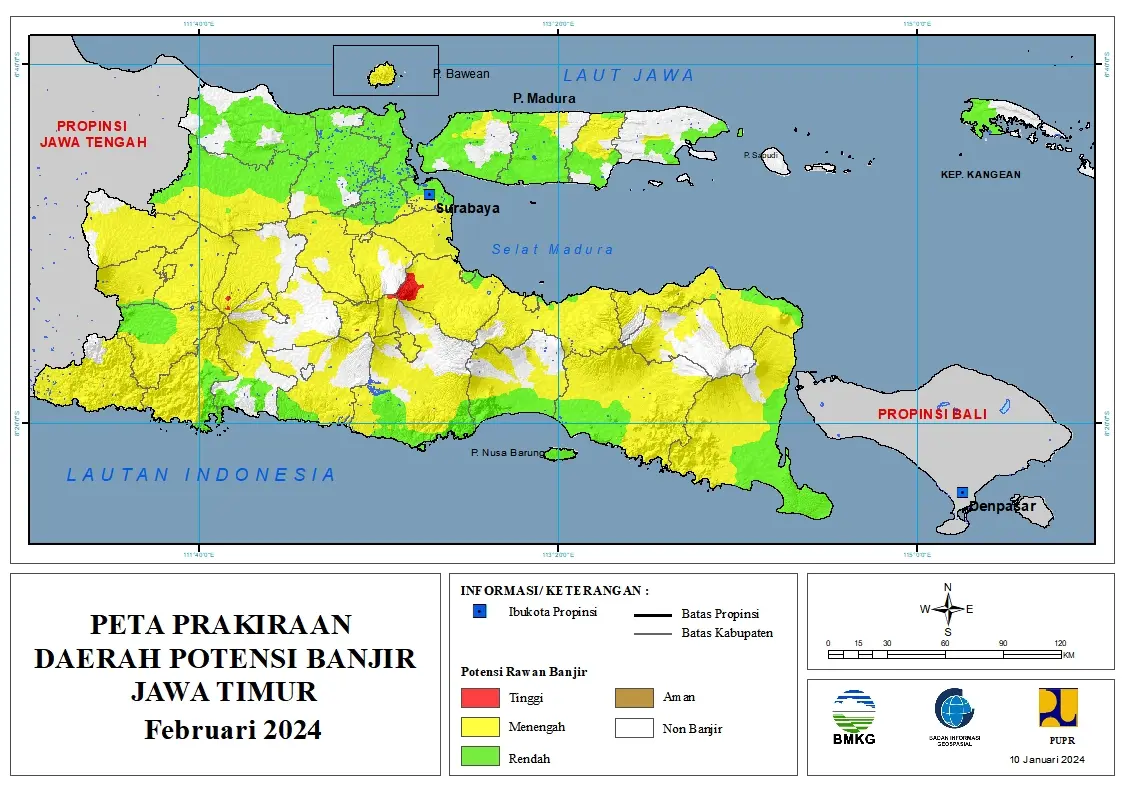 ( Prakiraan - Bulanan ) Daerah Potensi Banjir di Provinsi Jawa Timur untuk Bulan FEBRUARI Tahun 2024 Update 10 Januari 2024