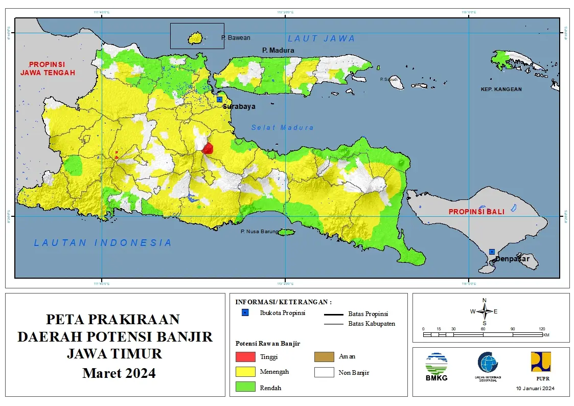 ( Prakiraan - Bulanan ) Daerah Potensi Banjir di Provinsi Jawa Timur untuk Bulan MARET Tahun 2024 Update 10 Januari 2024