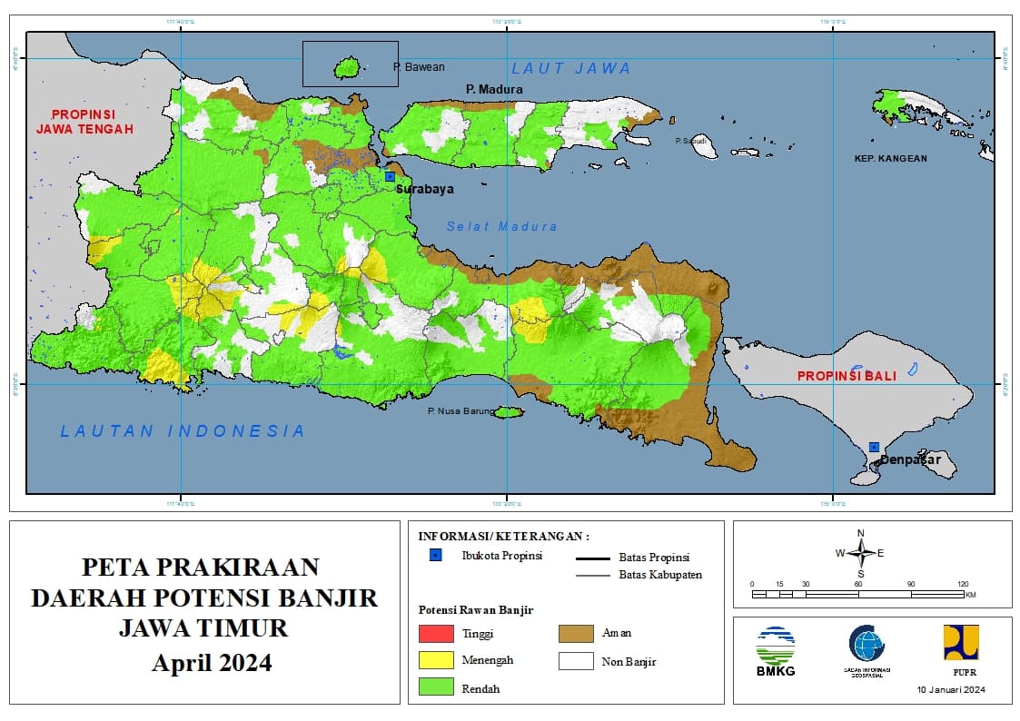 ( Prakiraan - Bulanan ) Daerah Potensi Banjir di Provinsi Jawa Timur untuk Bulan APRIL Tahun 2024 Update 10 Januari 2024