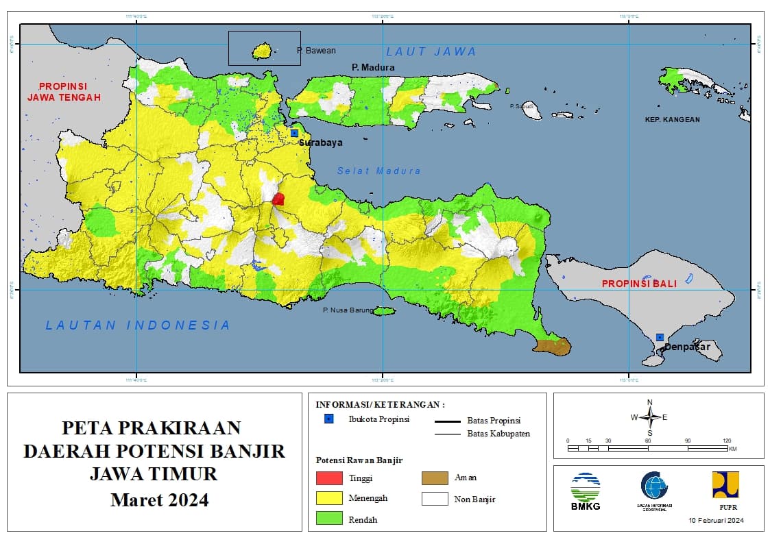 ( Prakiraan - Bulanan ) Daerah Potensi Banjir di Provinsi Jawa Timur untuk Bulan MARET Tahun 2024 Update 10 Februari 2024