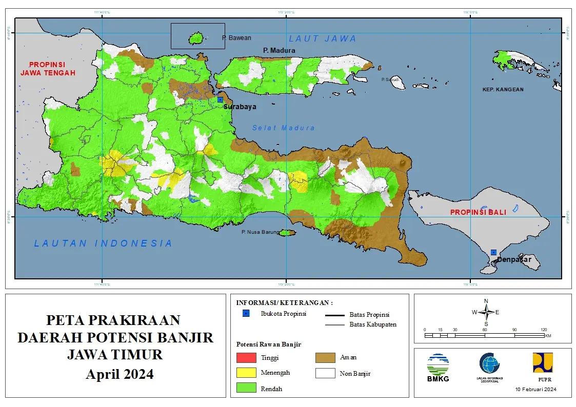 ( Prakiraan - Bulanan ) Daerah Potensi Banjir di Provinsi Jawa Timur untuk Bulan APRIL Tahun 2024 Update 10 Februari 2024