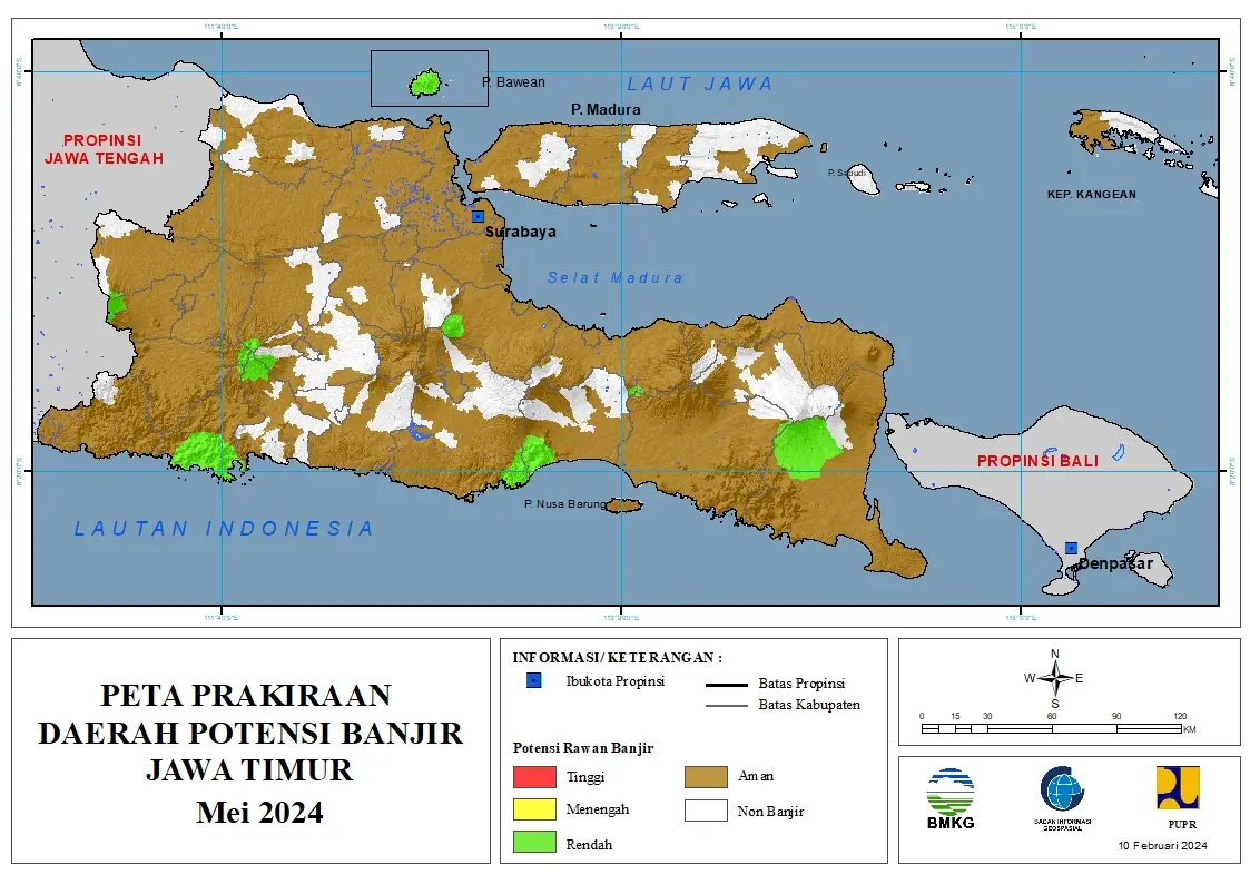 ( Prakiraan - Bulanan ) Daerah Potensi Banjir di Provinsi Jawa Timur untuk Bulan MEI Tahun 2024 Update 10 Februari 2024