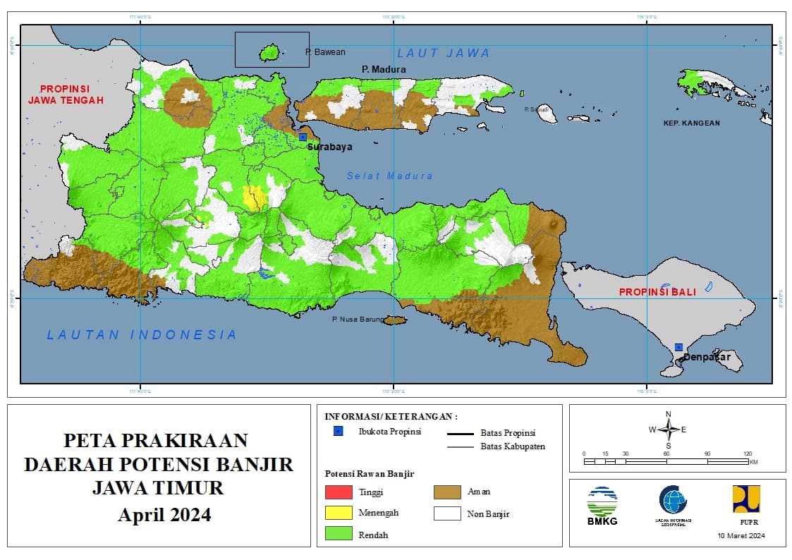 ( Prakiraan - Bulanan ) Daerah Potensi Banjir di Provinsi Jawa Timur untuk Bulan APRIL Tahun 2024 Update 10 Maret 2024