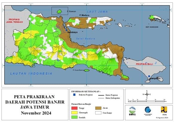 ( Prakiraan - Bulanan ) Daerah Potensi Banjir di Provinsi Jawa Timur untuk Bulan NOVEMBER Tahun 2024 Update 10 Agustus 2024