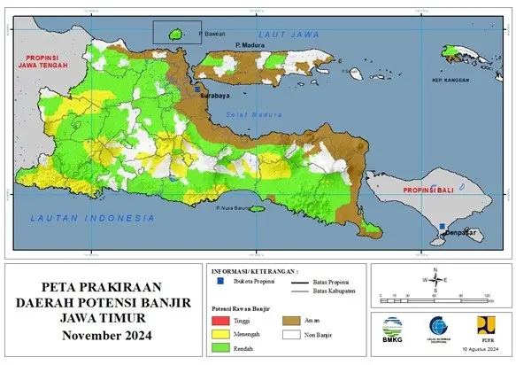 ( Prakiraan - Bulanan ) Daerah Potensi Banjir di Provinsi Jawa Timur untuk Bulan NOVEMBER Tahun 2024 Update 10 Agustus 2024