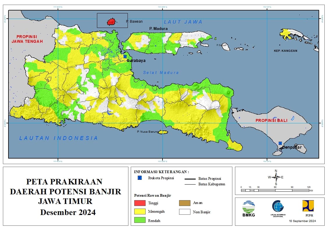 ( Prakiraan - Bulanan ) Daerah Potensi Banjir di Provinsi Jawa Timur untuk Bulan DESEMBER Tahun 2024 Update 10 September 2024
