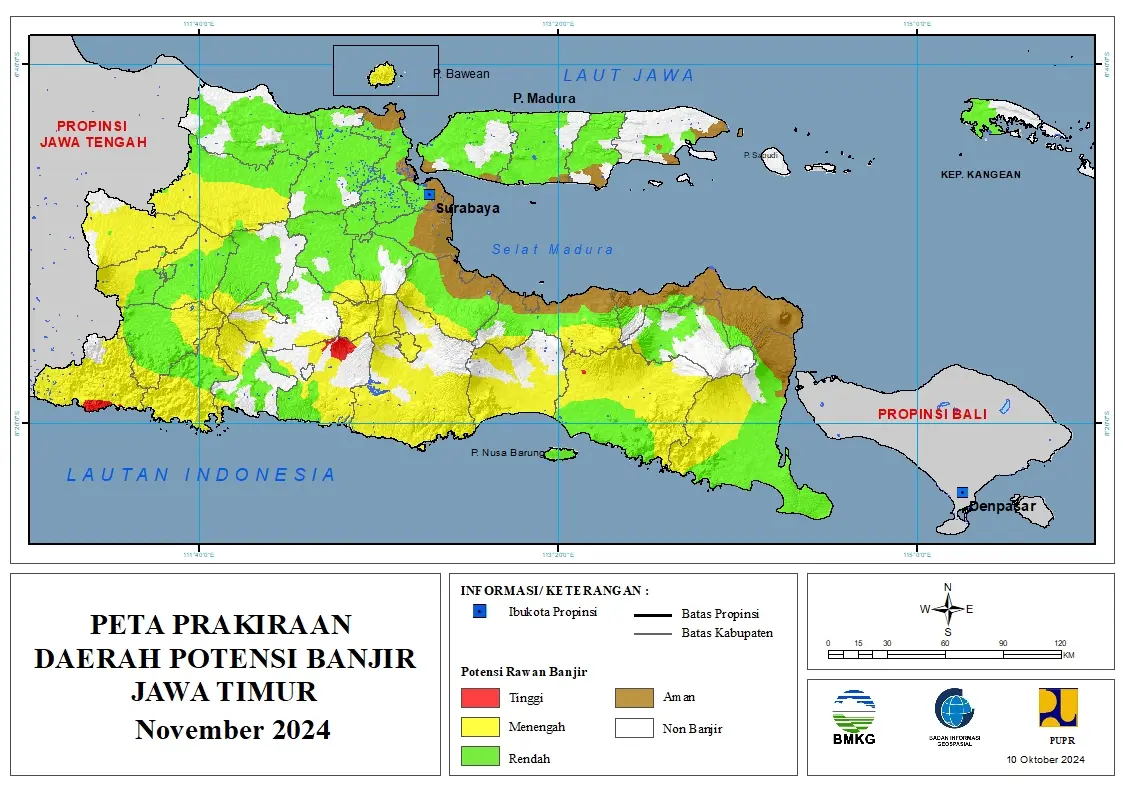 ( Prakiraan - Bulanan ) Daerah Potensi Banjir di Provinsi Jawa Timur untuk Bulan NOVEMBER Tahun 2024 Update 10 Oktober 2024