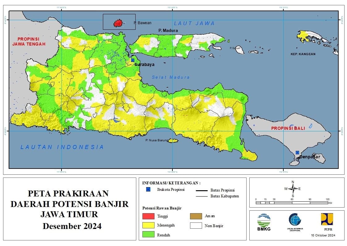 ( Prakiraan - Bulanan ) Daerah Potensi Banjir di Provinsi Jawa Timur untuk Bulan DESEMBER Tahun 2024 Update 10 Oktober 2024