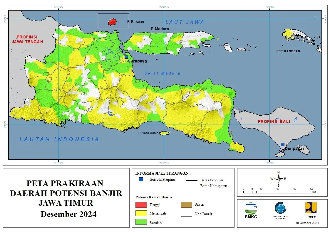( Prakiraan - Bulanan ) Daerah Potensi Banjir di Provinsi Jawa Timur untuk Bulan DESEMBER Tahun 2024 Update 10 Oktober 2024