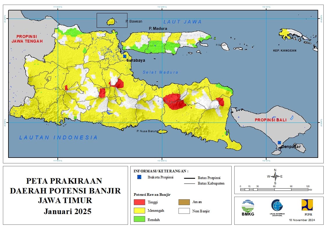 ( Prakiraan - Bulanan ) Daerah Potensi Banjir di Provinsi Jawa Timur untuk Bulan JANUARI Tahun 2025 Update 10 November 2024