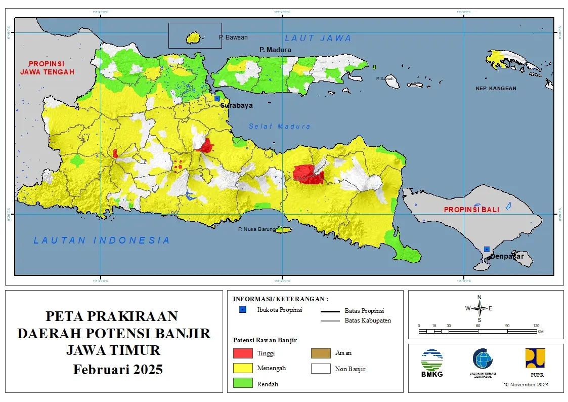( Prakiraan - Bulanan ) Daerah Potensi Banjir di Provinsi Jawa Timur untuk Bulan FEBRUARI Tahun 2025 Update 10 November 2024