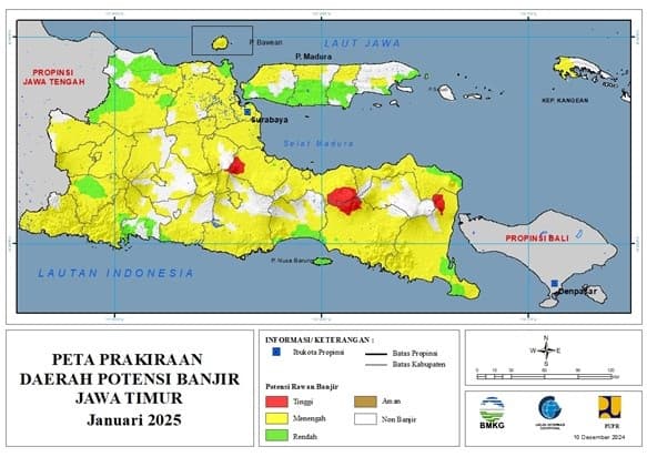 ( Prakiraan - Bulanan ) Daerah Potensi Banjir di Provinsi Jawa Timur untuk Bulan JANUARI Tahun 2025 Update 10 Desember 2024