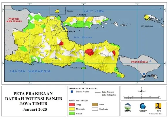 ( Prakiraan - Bulanan ) Daerah Potensi Banjir di Provinsi Jawa Timur untuk Bulan JANUARI Tahun 2025 Update 10 Desember 2024