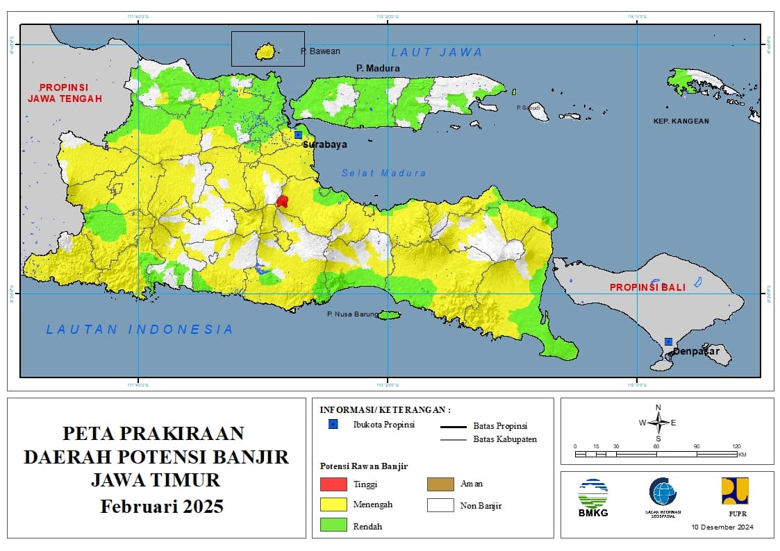 ( Prakiraan - Bulanan ) Daerah Potensi Banjir di Provinsi Jawa Timur untuk Bulan FEBRUARI Tahun 2025 Update 10 Desember 2024