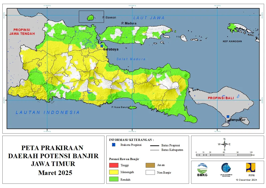 ( Prakiraan - Bulanan ) Daerah Potensi Banjir di Provinsi Jawa Timur untuk Bulan MARET Tahun 2025 Update 10 Desember 2024