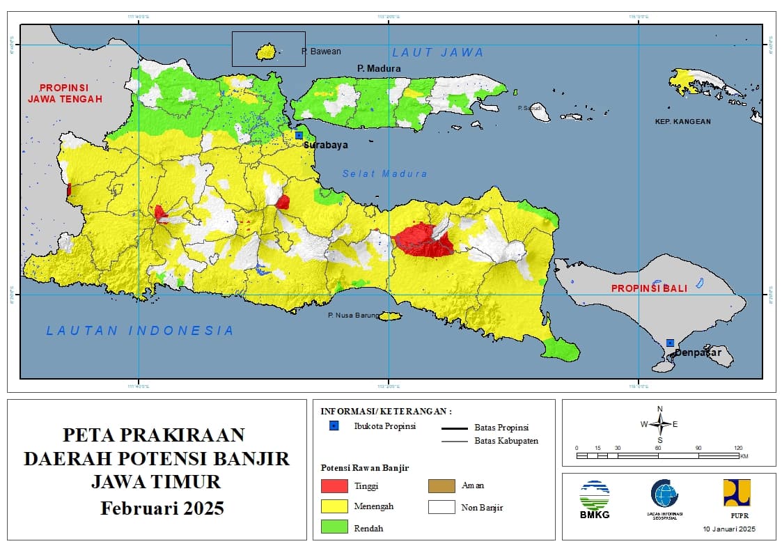 ( Prakiraan - Bulanan ) Daerah Potensi Banjir di Provinsi Jawa Timur untuk Bulan FEBRUARI Tahun 2025 Update 10 Januari 2025