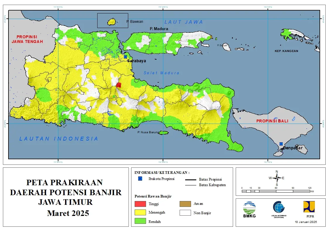 ( Prakiraan - Bulanan ) Daerah Potensi Banjir di Provinsi Jawa Timur untuk Bulan MARET Tahun 2025 Update 10 Januari 2025