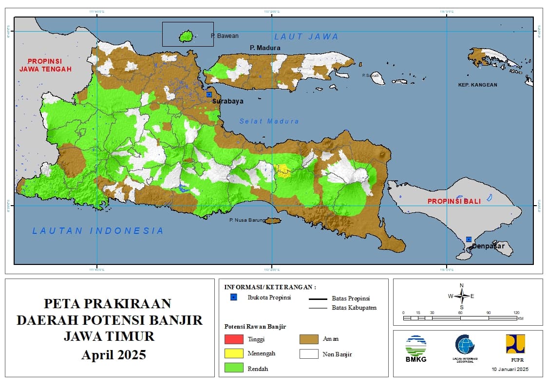 ( Prakiraan - Bulanan ) Daerah Potensi Banjir di Provinsi Jawa Timur untuk Bulan APRIL Tahun 2025 Update 10 Januari 2025