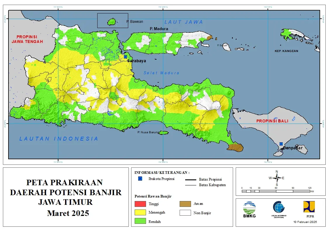 ( Prakiraan - Bulanan ) Daerah Potensi Banjir di Provinsi Jawa Timur untuk Bulan MARET Tahun 2025 Update 10 Februari 2025