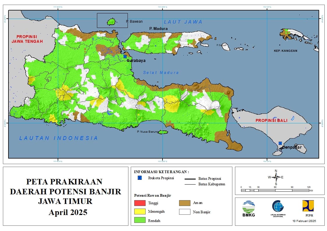( Prakiraan - Bulanan ) Daerah Potensi Banjir di Provinsi Jawa Timur untuk Bulan APRIL Tahun 2025 Update 10 Februari 2025