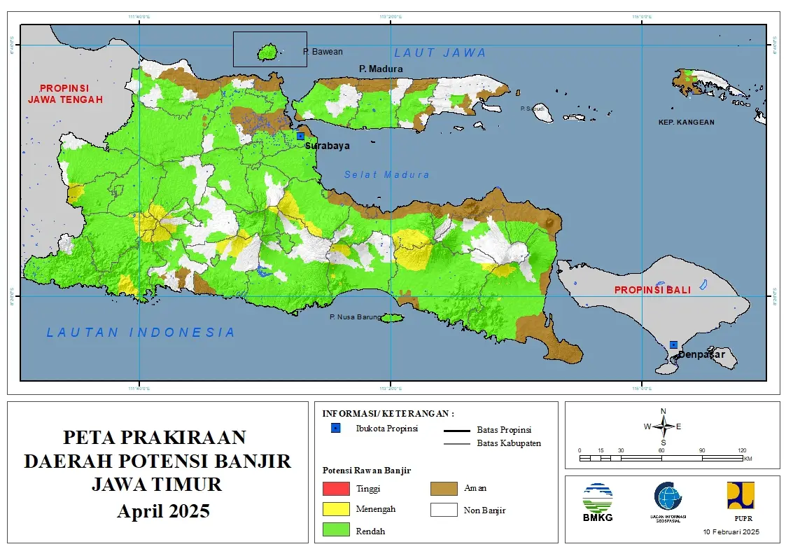 ( Prakiraan - Bulanan ) Daerah Potensi Banjir di Provinsi Jawa Timur untuk Bulan APRIL Tahun 2025 Update 10 Februari 2025