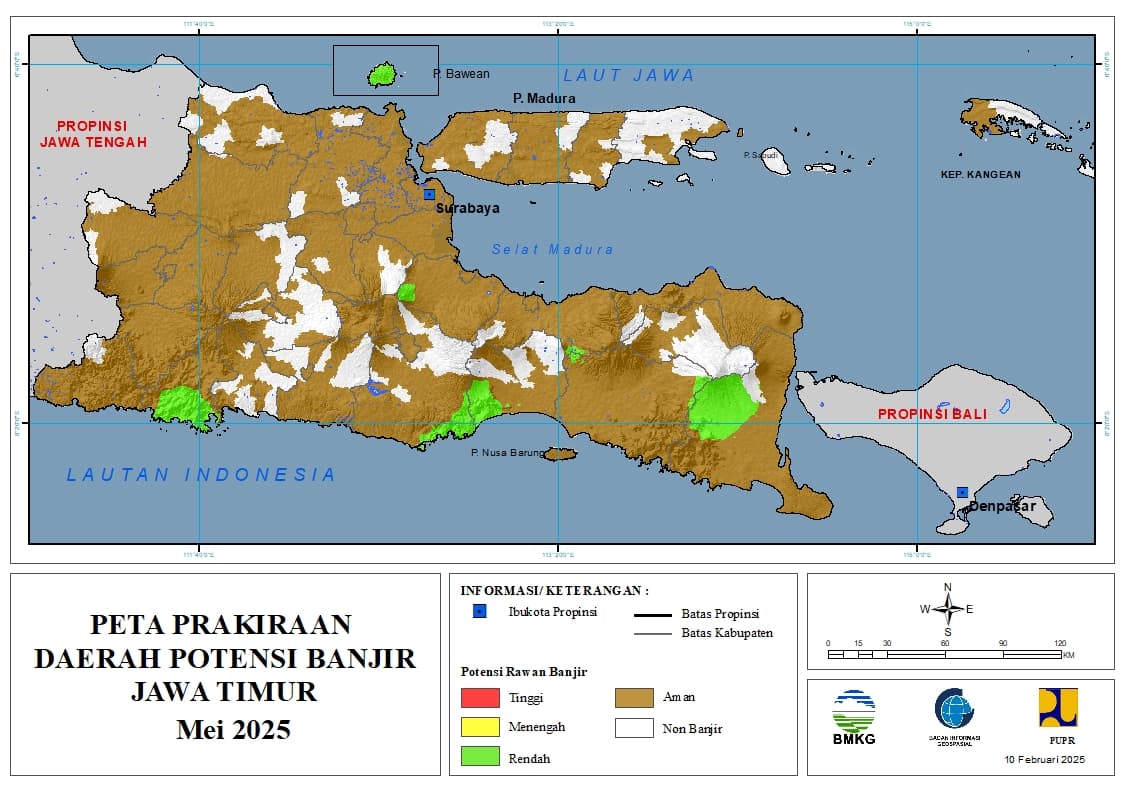 ( Prakiraan - Bulanan ) Daerah Potensi Banjir di Provinsi Jawa Timur untuk Bulan MEI Tahun 2025 Update 10 Februari 2025