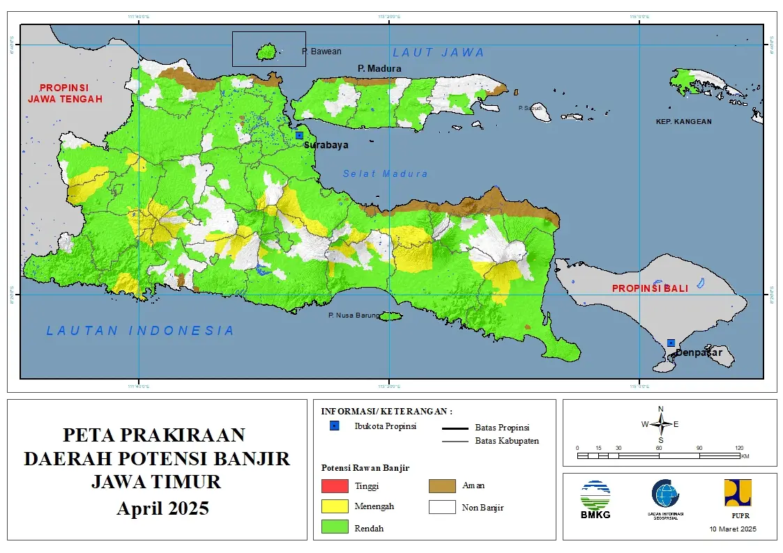 ( Prakiraan - Bulanan ) Daerah Potensi Banjir di Provinsi Jawa Timur untuk Bulan APRIL Tahun 2025 Update 10 Maret 2025