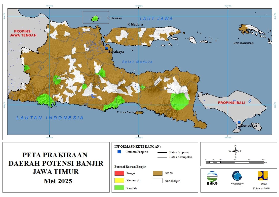( Prakiraan - Bulanan ) Daerah Potensi Banjir di Provinsi Jawa Timur untuk Bulan MEI Tahun 2025 Update 10 Maret 2025