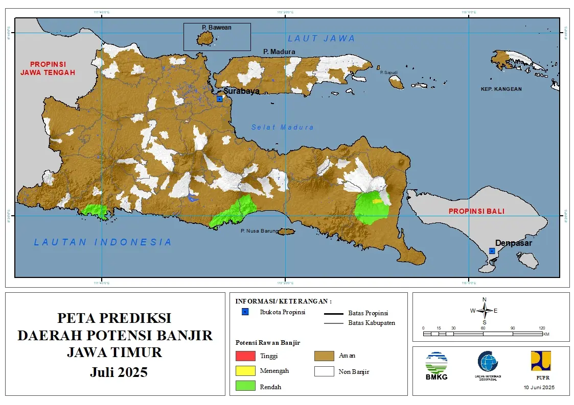 ( Prediksi - Bulanan ) Daerah Potensi Banjir untuk Bulan JULI Tahun 2025 Update 10 Juni 2025 di Provinsi Jawa Timur
