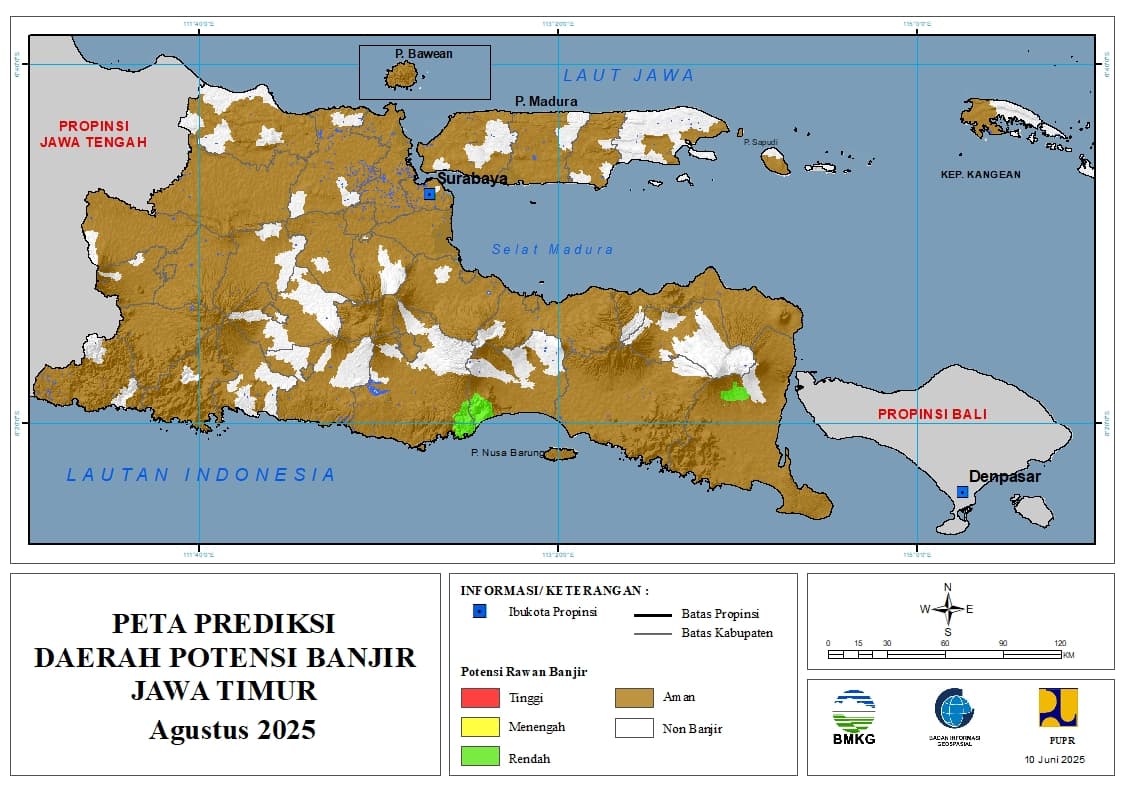 ( Prediksi - Bulanan ) Daerah Potensi Banjir untuk Bulan AGUSTUS Tahun 2025 Update 10 Juni 2025 di Provinsi Jawa Timur