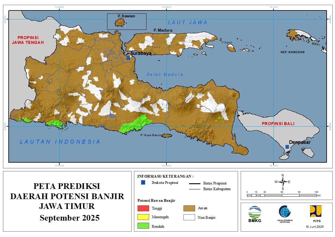 ( Prediksi - Bulanan ) Daerah Potensi Banjir untuk Bulan SEPTEMBER Tahun 2025 Update 10 Juni 2025 di Provinsi Jawa Timur