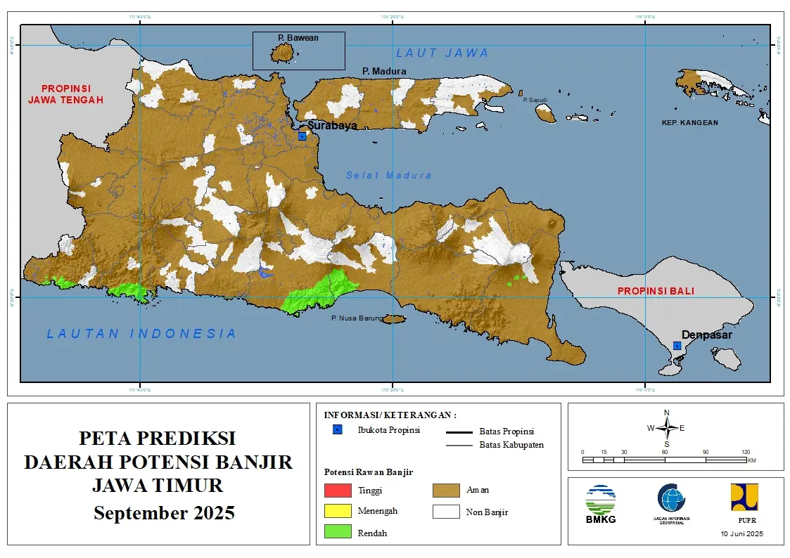 ( Prediksi - Bulanan ) Daerah Potensi Banjir untuk Bulan SEPTEMBER Tahun 2025 Update 10 Juni 2025 di Provinsi Jawa Timur