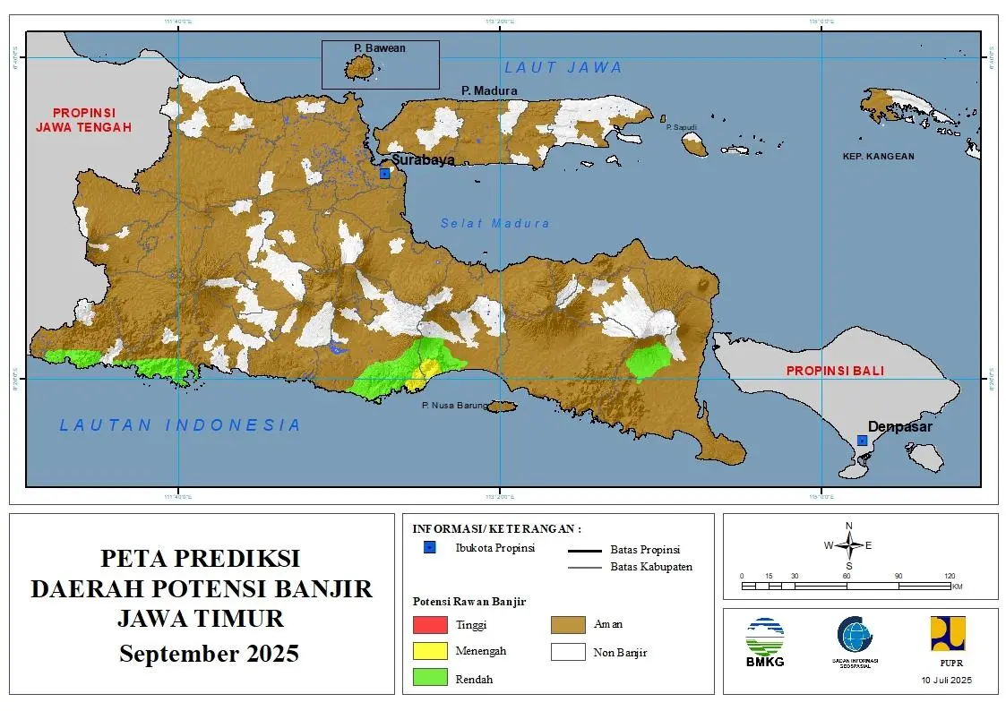 ( Prediksi - Bulanan ) Daerah Potensi Banjir untuk Bulan SEPTEMBER Tahun 2025 Update 10 Juli 2025 di Provinsi Jawa Timur