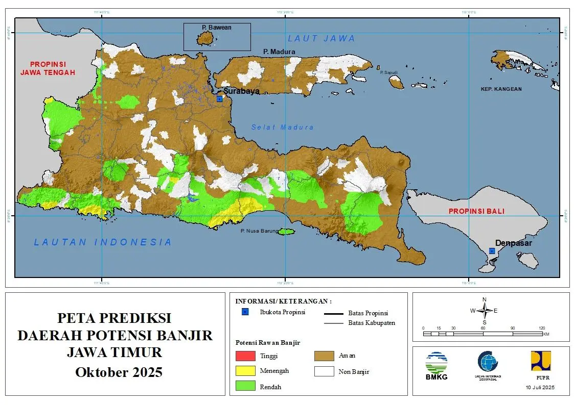 ( Prediksi - Bulanan ) Daerah Potensi Banjir untuk Bulan OKTOBER Tahun 2025 Update 10 Juli 2025 di Provinsi Jawa Timur