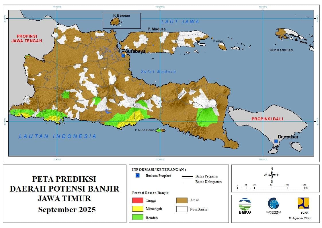 ( Prediksi - Bulanan ) Daerah Potensi Banjir untuk Bulan SEPTEMBER Tahun 2025 Update 10 Agustus 2025 di Provinsi Jawa Timur