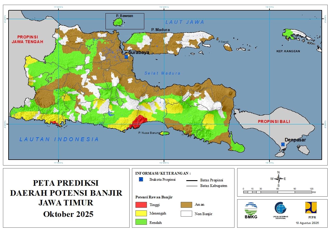 ( Prediksi - Bulanan ) Daerah Potensi Banjir untuk Bulan OKTOBER Tahun 2025 Update 10 Agustus 2025 di Provinsi Jawa Timur