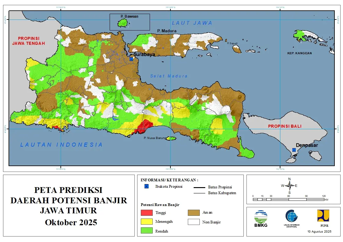( Prediksi - Bulanan ) Daerah Potensi Banjir untuk Bulan OKTOBER Tahun 2025 Update 10 Agustus 2025 di Provinsi Jawa Timur