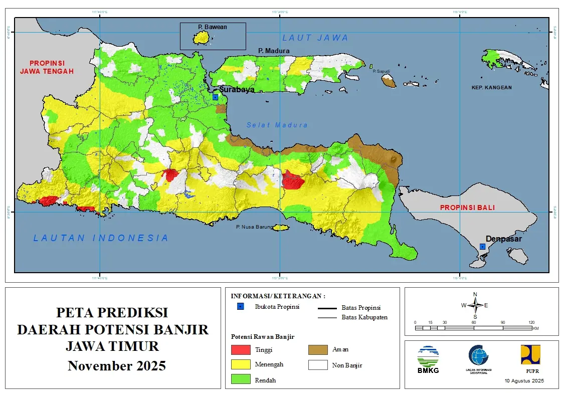 ( Prediksi - Bulanan ) Daerah Potensi Banjir untuk Bulan NOVEMBER Tahun 2025 Update 10 Agustus 2025 di Provinsi Jawa Timur
