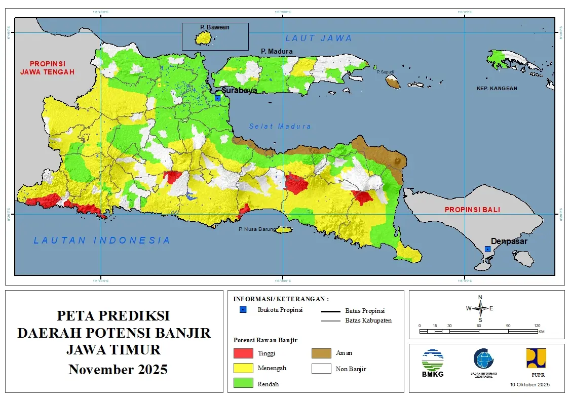 ( Prediksi - Bulanan ) Daerah Potensi Banjir untuk Bulan NOVEMBER Tahun 2025 Update 10 Oktober 2025 di Provinsi Jawa Timur