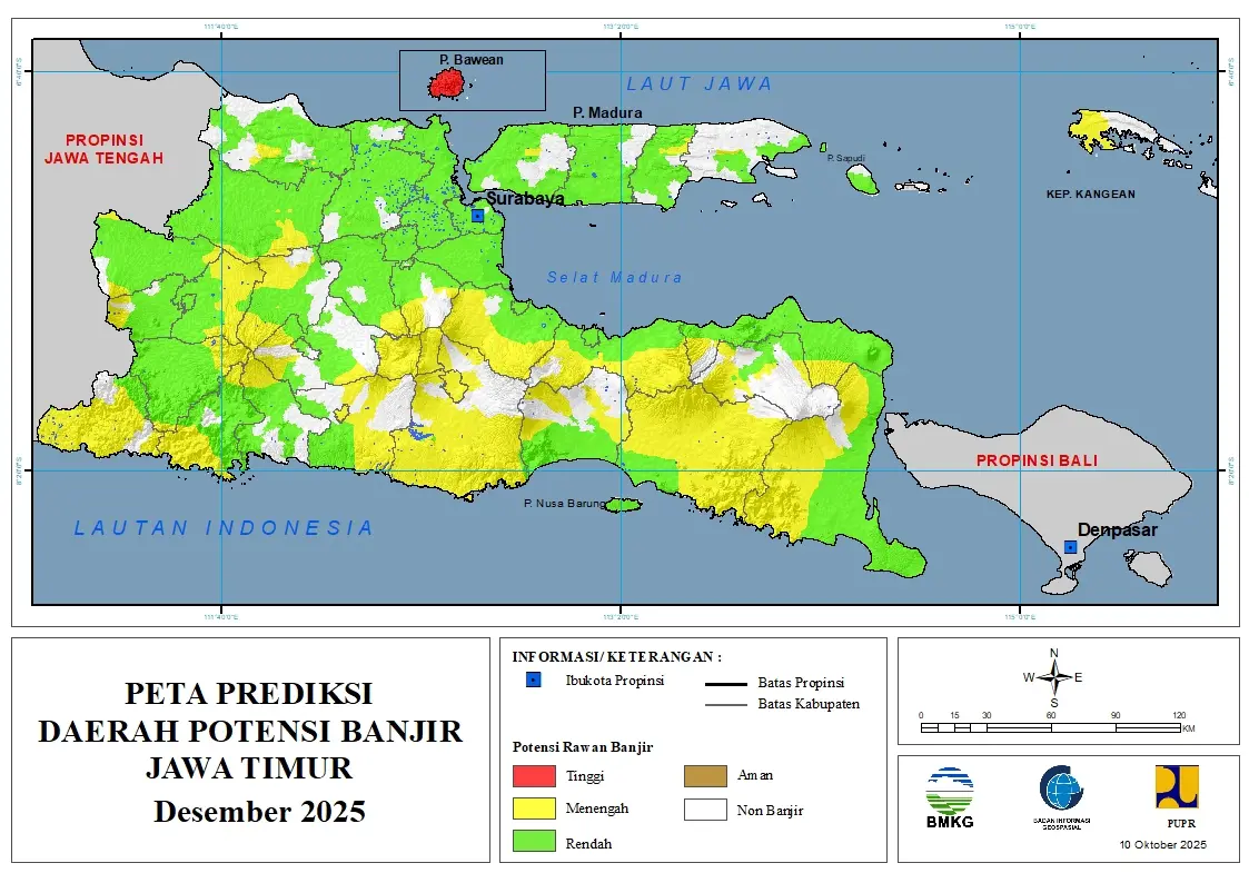 ( Prediksi - Bulanan ) Daerah Potensi Banjir untuk Bulan DESEMBER Tahun 2025 Update 10 Oktober 2025 di Provinsi Jawa Timur