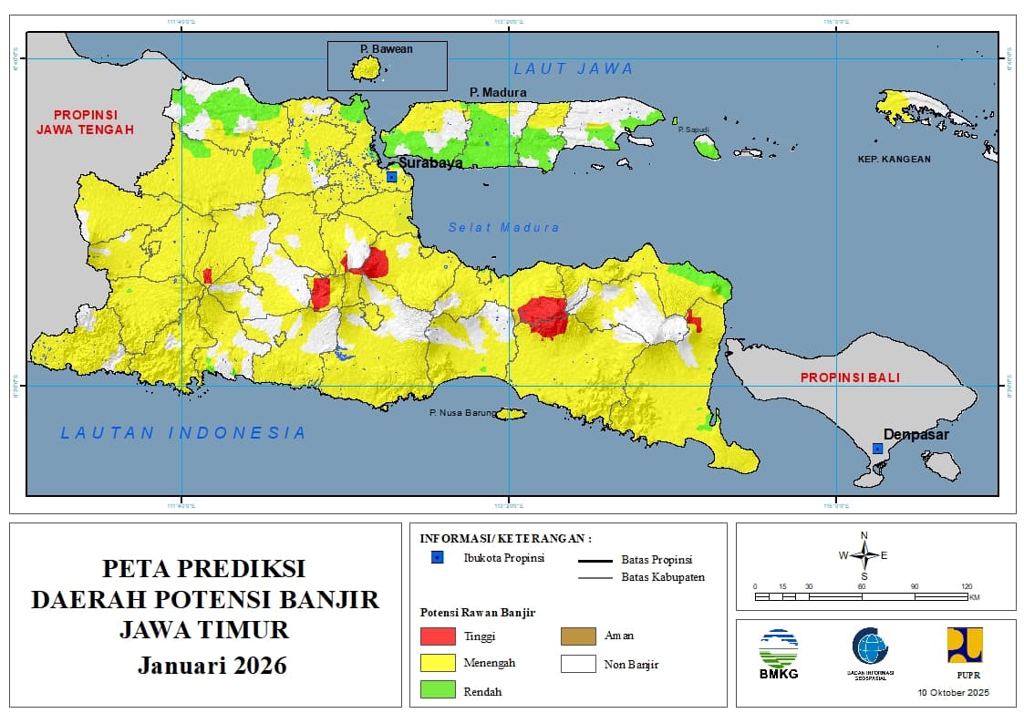 ( Prediksi - Bulanan ) Daerah Potensi Banjir untuk Bulan JANUARI Tahun 2026 Update 10 Oktober 2025 di Provinsi Jawa Timur