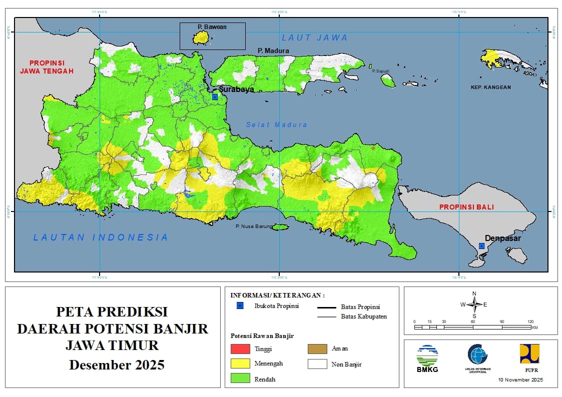 ( Prediksi - Bulanan ) Daerah Potensi Banjir untuk Bulan DESEMBER Tahun 2025 Update 10 November 2025 di Provinsi Jawa Timur