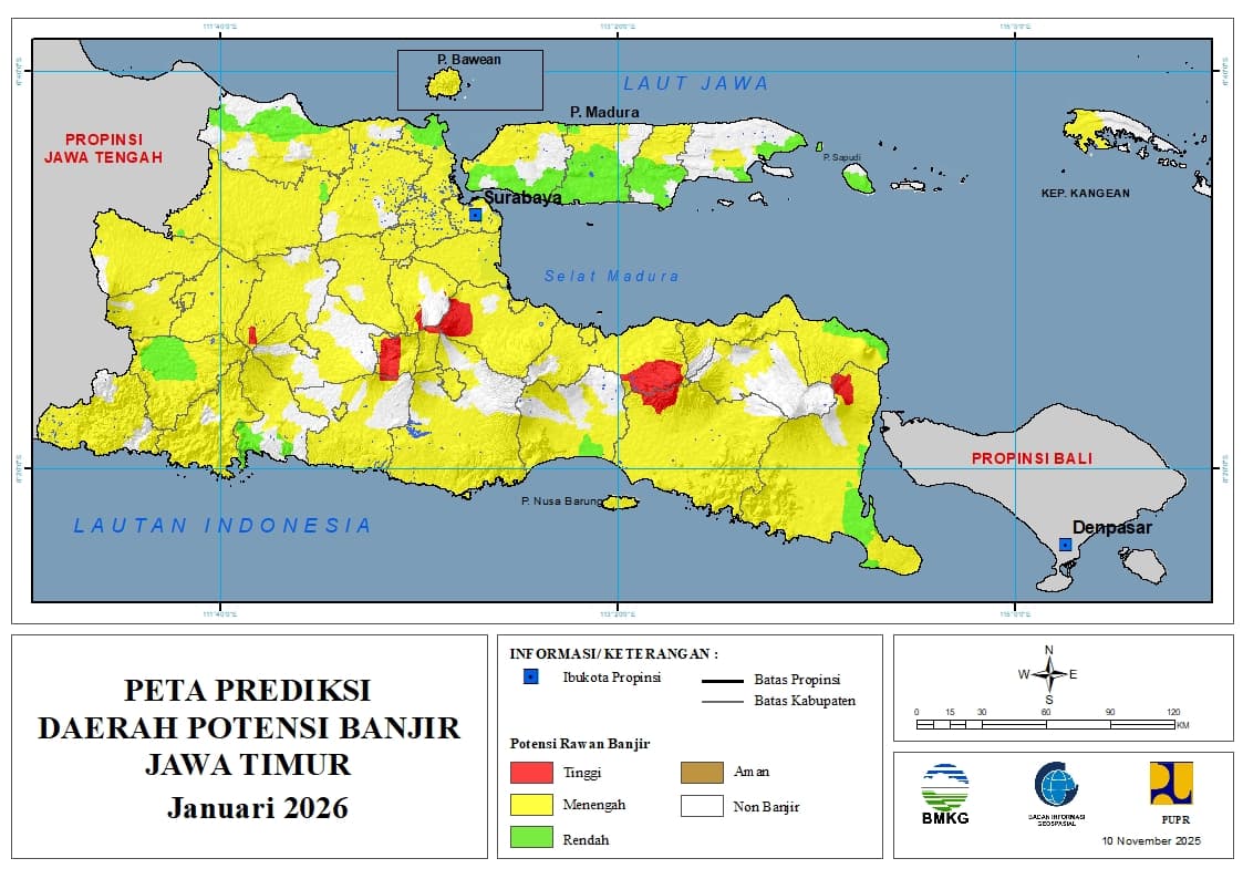 ( Prediksi - Bulanan ) Daerah Potensi Banjir untuk Bulan JANUARI Tahun 2026 Update 10 November 2025 di Provinsi Jawa Timur