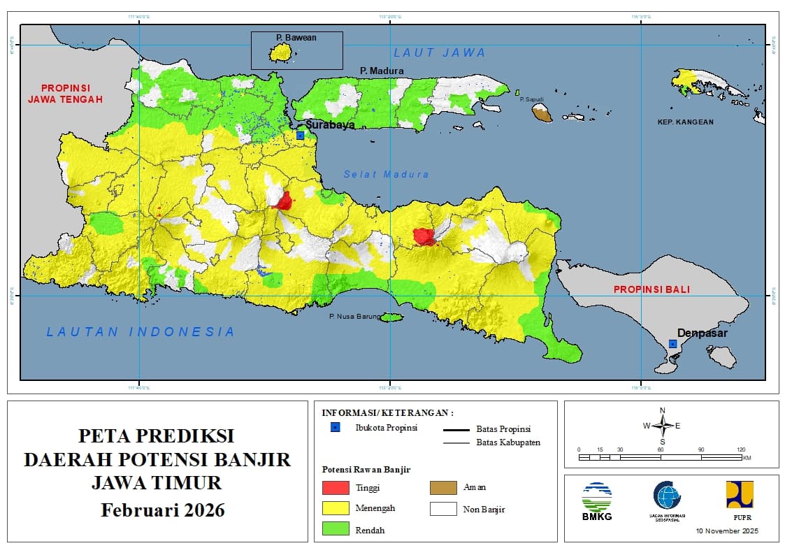 ( Prediksi - Bulanan ) Daerah Potensi Banjir untuk Bulan FEBRUARI Tahun 2026 Update 10 November 2025 di Provinsi Jawa Timur