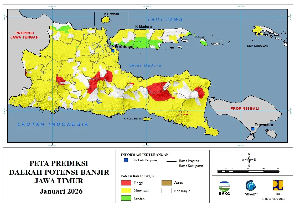 ( Prediksi - Bulanan ) Daerah Potensi Banjir untuk Bulan JANUARI Tahun 2026 Update 10 Desember 2025 di Provinsi Jawa Timur