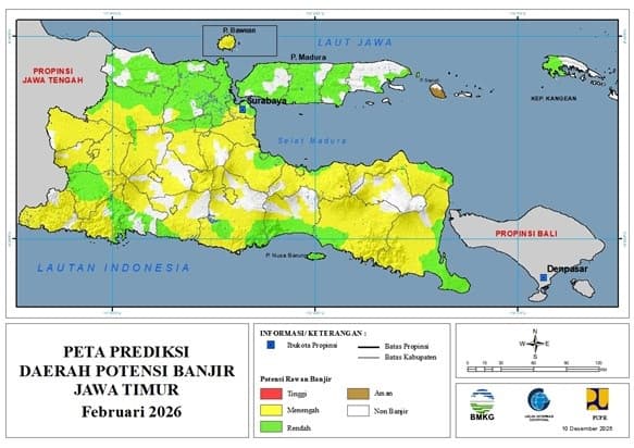 ( Prediksi - Bulanan ) Daerah Potensi Banjir untuk Bulan FEBRUARI Tahun 2026 Update 10 Desember 2025 di Provinsi Jawa Timur