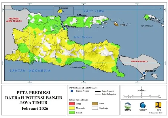 ( Prediksi - Bulanan ) Daerah Potensi Banjir untuk Bulan FEBRUARI Tahun 2026 Update 10 Desember 2025 di Provinsi Jawa Timur