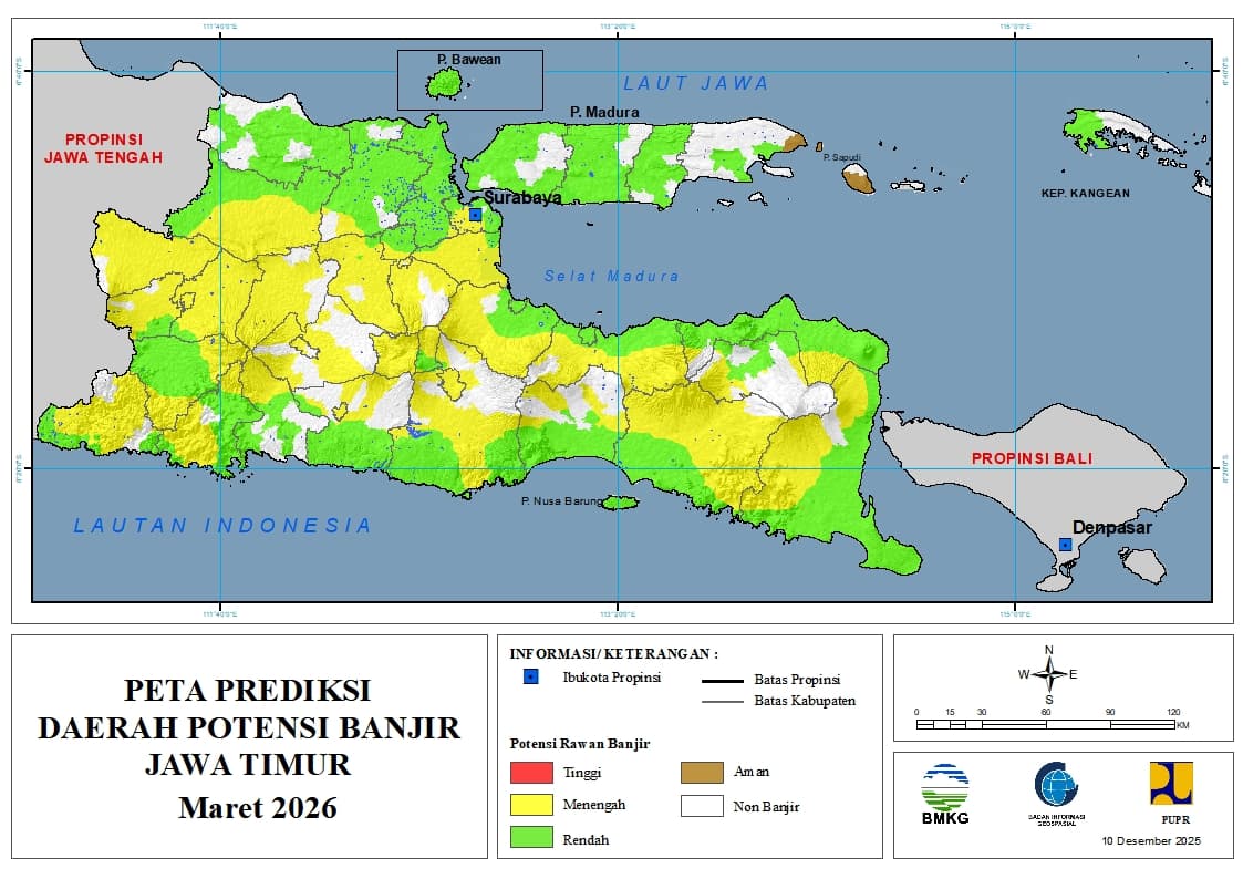 ( Prediksi - Bulanan ) Daerah Potensi Banjir untuk Bulan MARET Tahun 2026 Update 10 Desember 2025 di Provinsi Jawa Timur